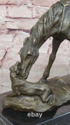 Original Bronze Sculpture Signed Milo – Dog and Horse Statue on a Marble Base