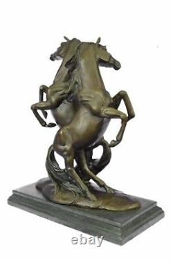 Original Signed 2 Wild Stallion Bronze Marble Statue Marble Base Sculpture Art