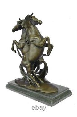 Original Signed 2 Wild Stallion Bronze Marble Statue Marble Base Sculpture Sale