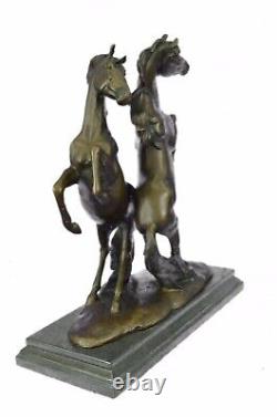 Original Signed 2 Wild Stallion Bronze Marble Statue Marble Base Sculpture Sale