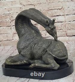 Original Signed African Graceful Sitting Giraffe Bronze Marble Sculpture Decor Nr