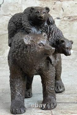 Original Signed Bronze Sculpture of Black Bear Mother and Cub Marble Art