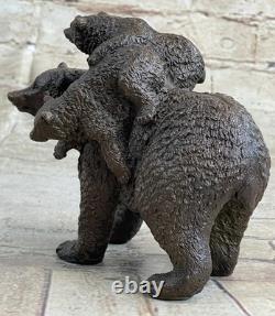 Original Signed Bronze Sculpture of Black Bear Mother and Cub Marble Art