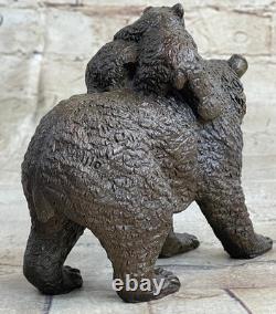 Original Signed Bronze Sculpture of Black Bear Mother and Cub Marble Art