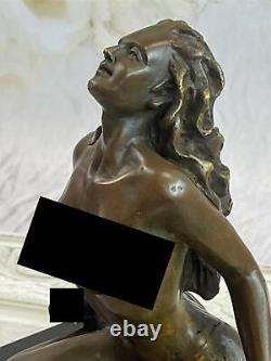 Original Signed Bronze Sculpture of a Girl Sitting on a Marble Base