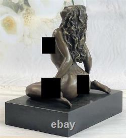 Original Signed Bronze Sculpture of a Girl Sitting on a Marble Base