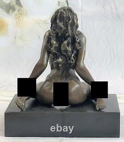 Original Signed Bronze Sculpture of a Girl Sitting on a Marble Base