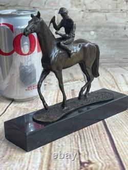 Original Signed Bronze and Marble Jockey with Horse Figurine Hotcast Sport Statue
