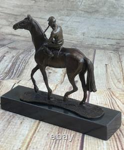 Original Signed Bronze and Marble Jockey with Horse Figurine Hotcast Sport Statue