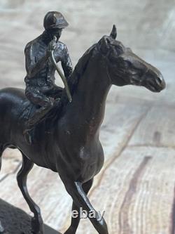 Original Signed Bronze and Marble Jockey with Horse Figurine Hotcast Sport Statue