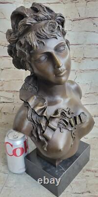 Original Signed Female Bust Sculpture Statue with Nude Marble Detail