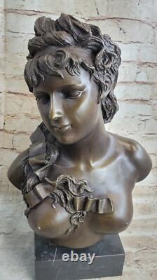 Original Signed Female Bust Sculpture Statue with Nude Marble Detail