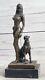 Original Signed Fisher Egyptian Queen With / Guard Bronze Dog Marble Sculpture