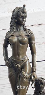 Original Signed Fisher Egyptian Queen With / Guard Bronze Dog Marble Sculpture