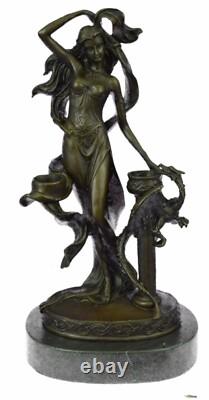 Original Signed Floral Goddess Candlestick Sculpture in Marble and Bronze