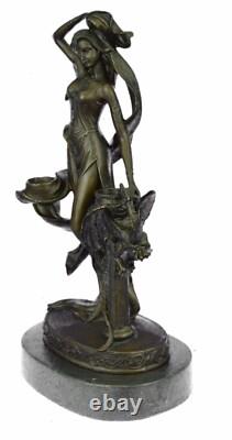Original Signed Floral Goddess Candlestick Sculpture in Marble and Bronze