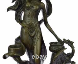 Original Signed Floral Goddess Candlestick Sculpture in Marble and Bronze