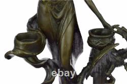 Original Signed Floral Goddess Candlestick Sculpture in Marble and Bronze