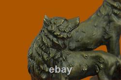 Original Signed Hurlant Wolf Bronze Sculpture Marble Base Statue Gift Decor