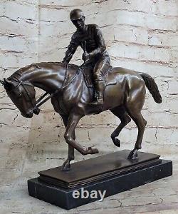 Original Signed Jockey with Horse Bronze Marble Sport Cast Sculpture