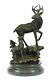 Original Signed Male Cerf With His Baby Faon Bronze Sculpture Marble Base Figure