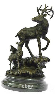Original Signed Male Cerf With His Baby Faon Bronze Sculpture Marble Base Figure