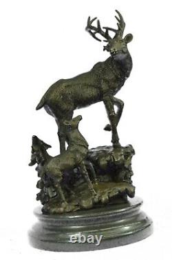 Original Signed Male Cerf With His Baby Faon Bronze Sculpture Marble Base Statue