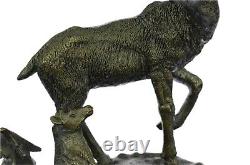 Original Signed Male Cerf With His Baby Faon Bronze Sculpture Marble Base Statue