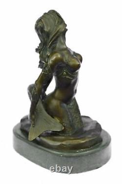 Original Signed Mythical Bronze Mermaid Chair Sculpture Sexy Marble Figurine Gif