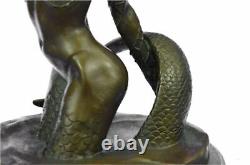 Original Signed Mythical Bronze Mermaid Chair Sculpture Sexy Marble Figurine Gif