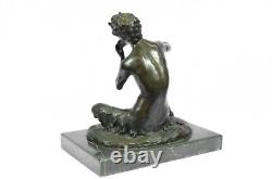 Original Signed Satyr Playing a Flute Pipe Marble Figurine Bronze