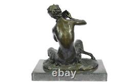 Original Signed Satyr Playing a Flute Pipe Marble Figurine Bronze