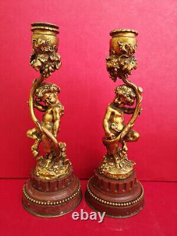 Pair Candlesticks Bronze Gold 19th Love Faune Base Marble Height 23.5 Cms Signed