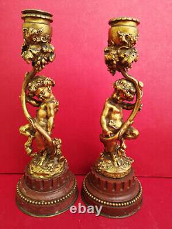 Pair Candlesticks Bronze Gold 19th Love Faune Base Marble Height 23.5 Cms Signed