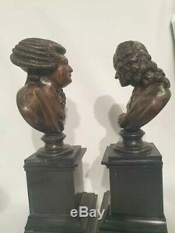 Pair Of Bust Of Voltaire And Mirabeau In Bronze On Marble Base. Late 19th