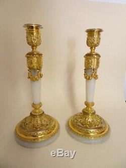 Pair Of Candlesticks Louis XVI Gilt Bronze And Marble. Signed Raingo Brothers