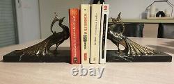 Pair Of Serre-livres Paon Signed Ted. Art Deco. Animal Food. Black Marble. Rare