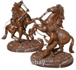 Pair of Bronze and Turquin Marble Marly Horses