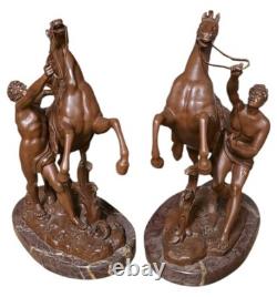 Pair of Bronze and Turquin Marble Marly Horses