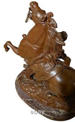 Pair of Bronze and Turquin Marble Marly Horses