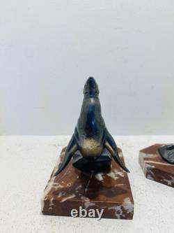 Pair of bookends in marble and bronze signed Hippolyte MOREAU - The Sea Lions