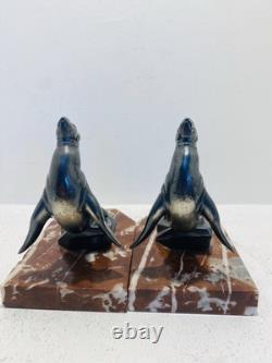 Pair of bookends in marble and bronze signed Hippolyte MOREAU - The Sea Lions