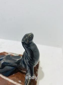 Pair of bookends in marble and bronze signed Hippolyte MOREAU - The Sea Lions