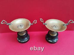 Pair of bronze and marble cups signed J Moigniez, lizard grasshopper decoration