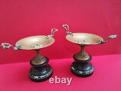 Pair of bronze and marble cups signed J Moigniez with lizard grasshopper decoration.