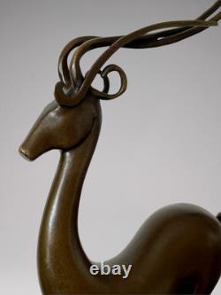 Patinated Bronze Art Deco Deer Sculpture Signed Coenrad on Marble-Effect Base