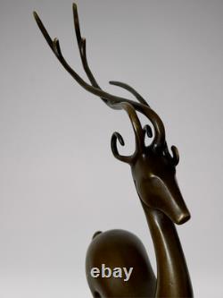Patinated Bronze Art Deco Deer Sculpture Signed Coenrad on Marble-Effect Base