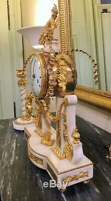 Pendulum Gantry Louis XVI White Marble And Gilded Bronzes Signed Thonissen