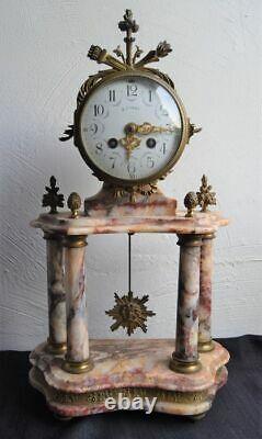 Portico Clock In Pink Marble And Ormolu Movement Signed J. Combe
