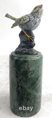 Pretty Signed Pure Bronze Cardinal Bird Finch Statue Marble Base Deal